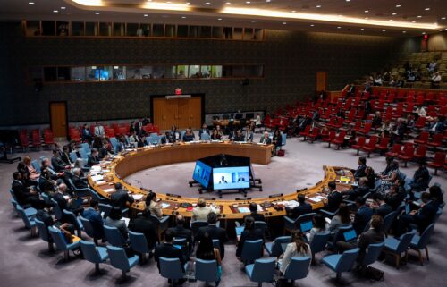 Representatives attend a meeting of the UN Security Council on the Israel-Palestinian conflict at the UN Headquarters in New York on August 27.