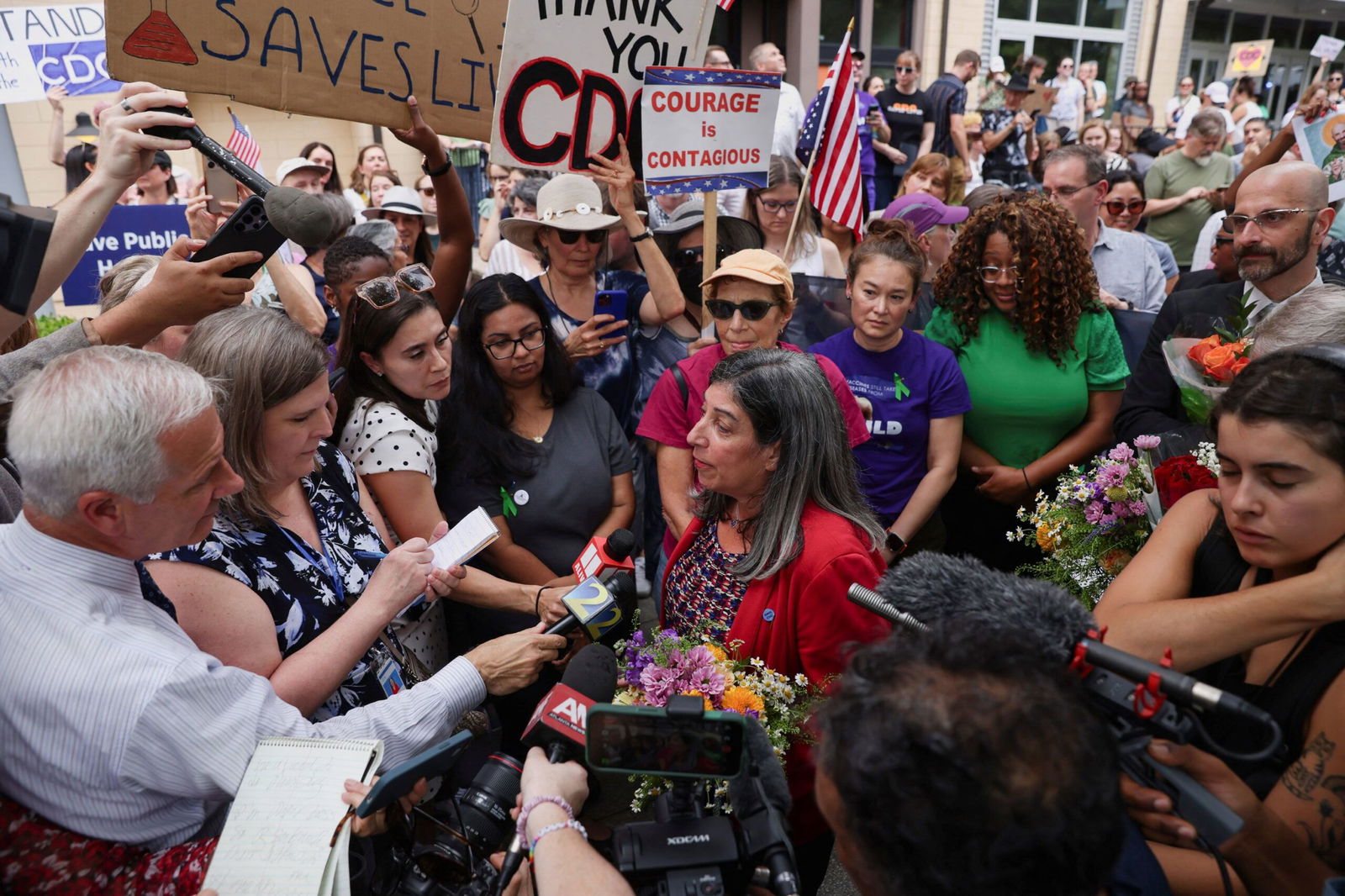 <i>Alyssa Pointer/Reuters via CNN Newsource</i><br/>Former Centers for Disease Control and Prevention Chief Medical Officer Debra Houry speaks to the media during a protest outside the CDC campus