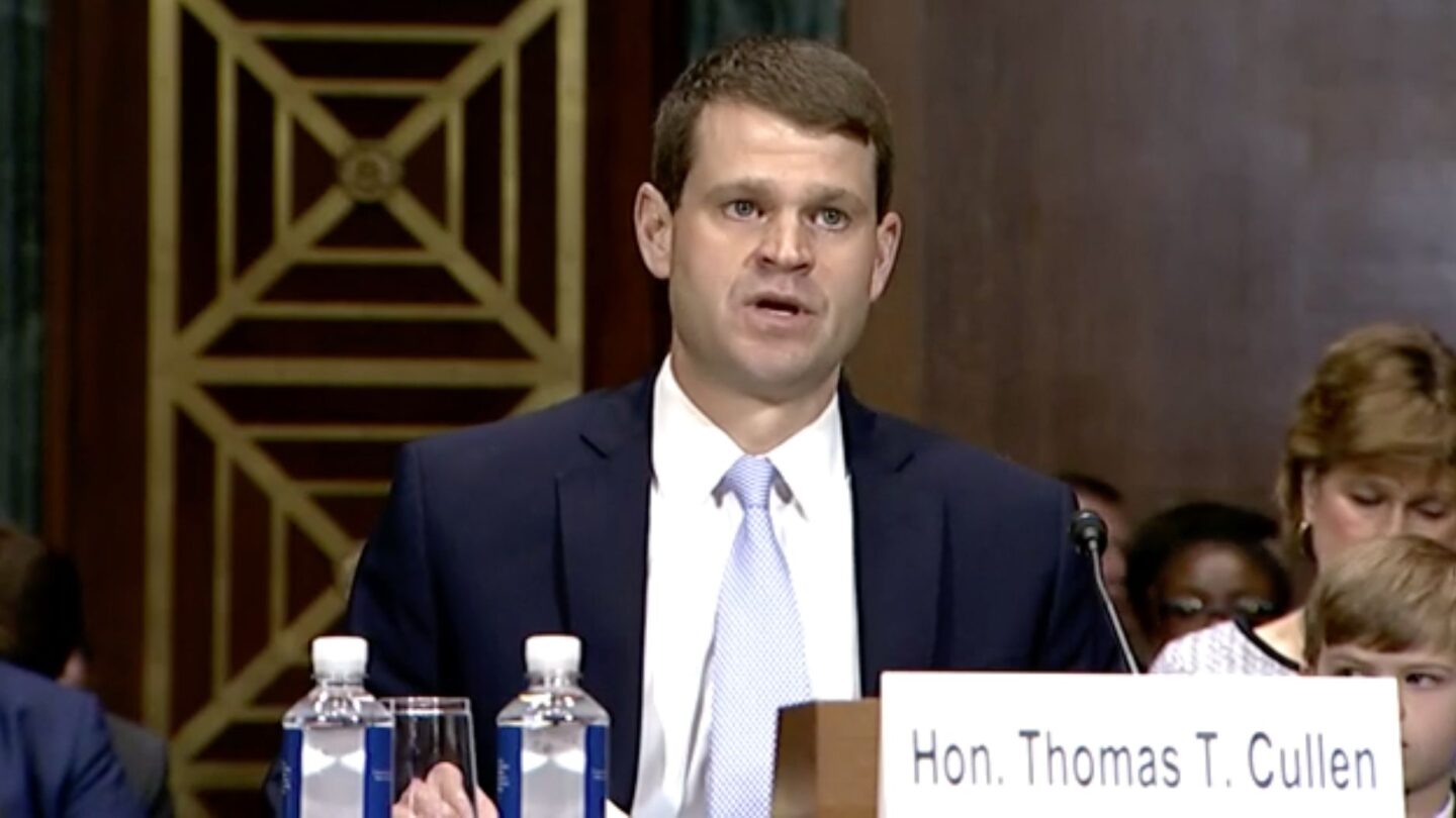 <i>US Senate Committee on the Judiciary via CNN Newsource</i><br/>Now-US District Judge Thomas Cullen appears before the US Senate Judiciary Committee for a hearing on his nomination to join the federal bench on March 4