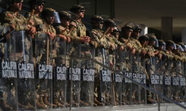 California National Guard members are positioned at the Federal Building in downtown Los Angeles on June 10.