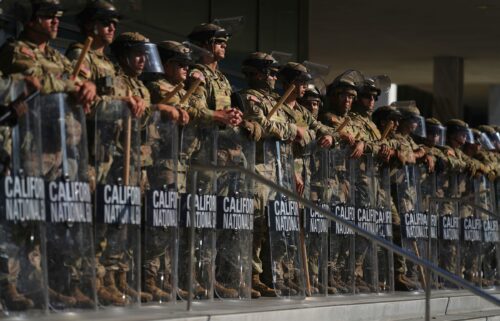 California National Guard members are positioned at the Federal Building in downtown Los Angeles on June 10.