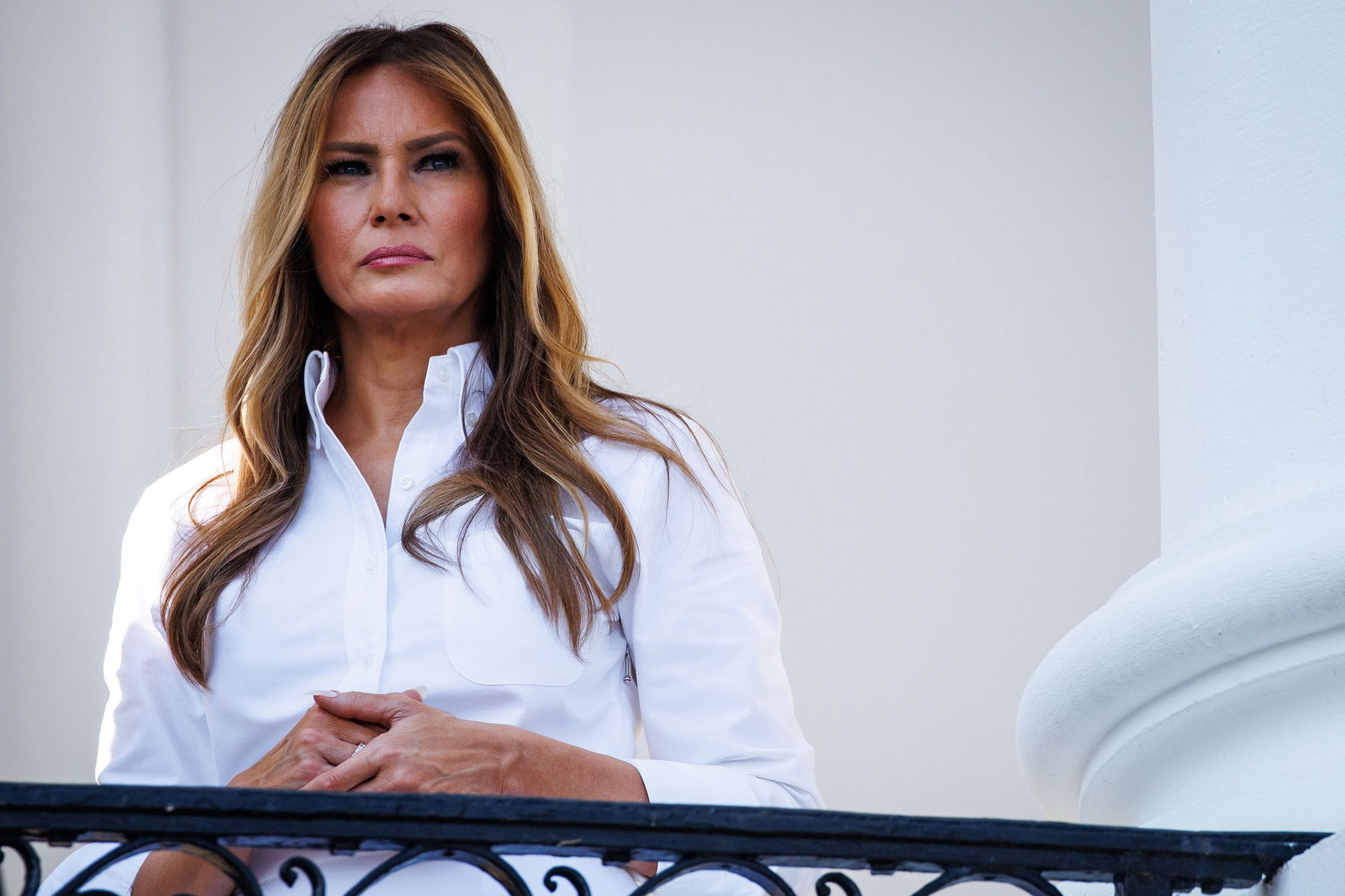 <i>Samuel Corum/Getty Images via CNN Newsource</i><br/>First lady Melania Trump listens as U.S. President Donald Trump (not pictured) delivers remarks during an Independence Day military family picnic on the South Lawn of the White House on July 4 in Washington