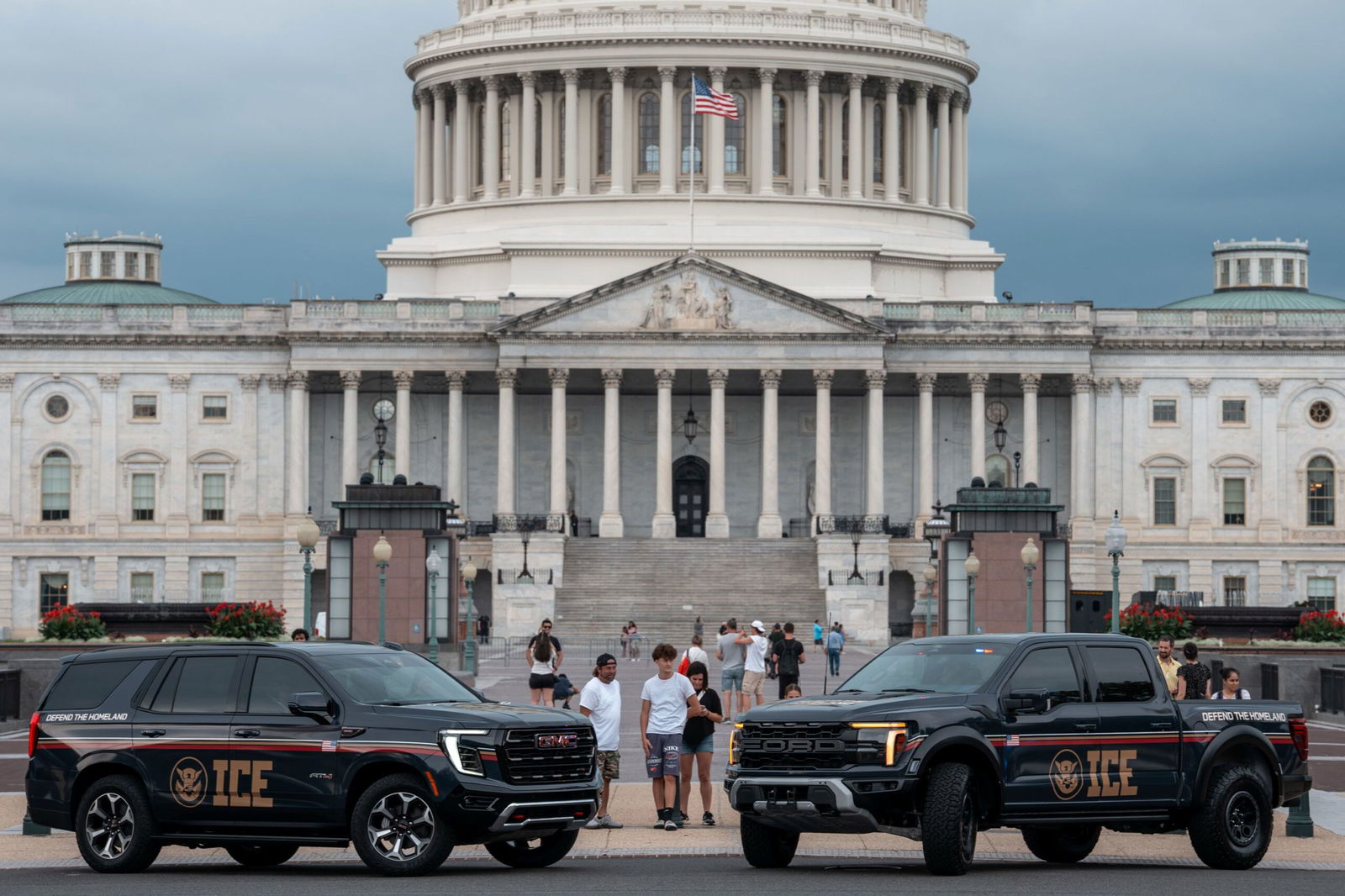 <i>Andrew Leyden/Getty Images via CNN Newsource</i><br/>Immigration and Customs Enforcement (ICE) vehicles are parked at the US Capitol in Washington