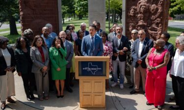 Texas House Democratic Caucus Chair Gene Wu speaks during a press conference at the Dr. Martin Luther King Jr. Memorial in Chicago's Marquette Park on August 13.