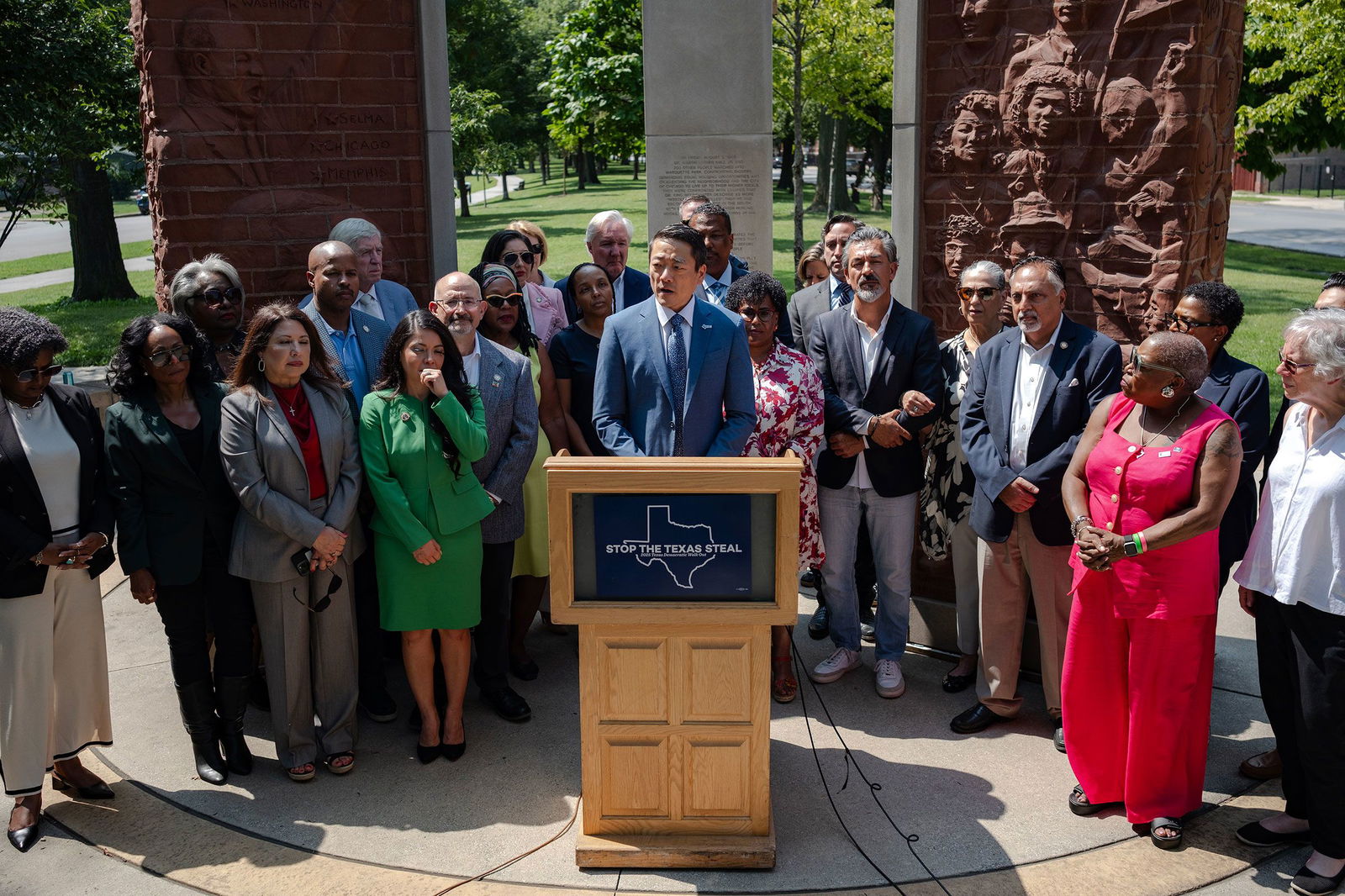 <i>Jim Vondruska/Getty Images via CNN Newsource</i><br/>Texas House Democratic Caucus Chair Gene Wu speaks during a press conference at the Dr. Martin Luther King Jr. Memorial in Chicago's Marquette Park on August 13.
