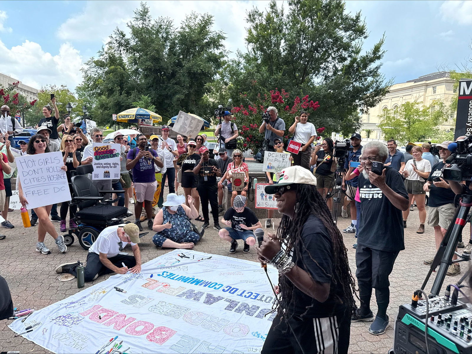 <i>Camila DeChalus/CNN via CNN Newsource</i><br/>Demonstrators gather near police headquarters to protest Donald Trump’s federal takeover of Washington