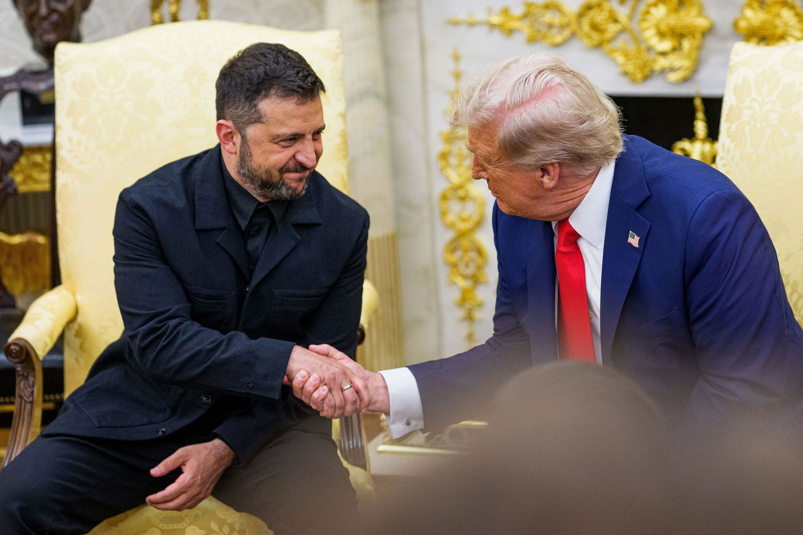 <i>Andrew Harnik/Getty Images via CNN Newsource</i><br/>President Trump greets President Putin as he arrives at Joint Base Elmendorf-Richardson in Anchorage