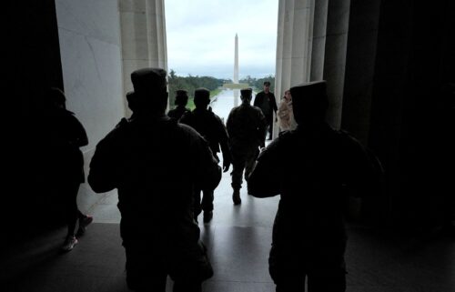 Members of the National Guard patrol the Lincoln Memorial in Washington
