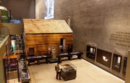 An exhibit of a slave cabin is seen at the Smithsonian National Museum of African American History and Culture