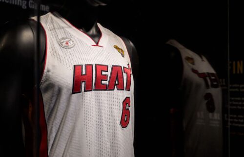 LeBron James' Miami Heat game-worn jersey from NBA finals game 7 victory in 2013 on display at Sotheby's auction House in January 2023 in New York.