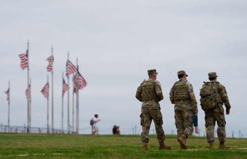 Members of the National Guard patrol on the National Mall in Washington