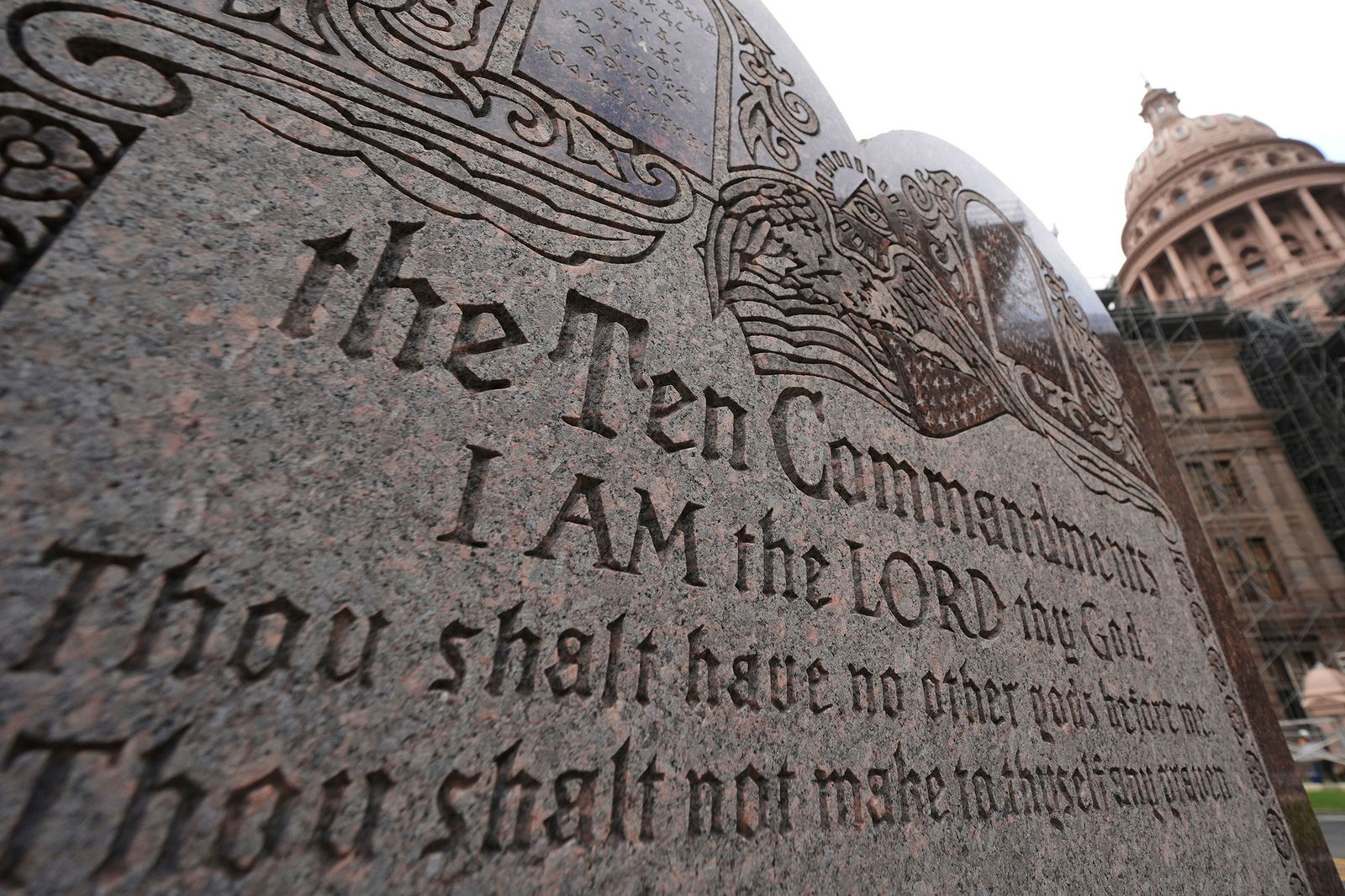 <i>Eric Gay/AP/File via CNN Newsource</i><br/>A granite Ten Commandments monument stands on the ground of the Texas Capitol