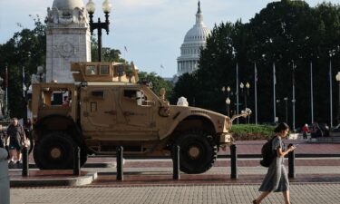 A member of the DC National Guard patrols along the National Mall on August 16