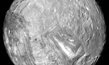 Uranus' icy moon Miranda is seen in this image from Voyager 2 on January 24