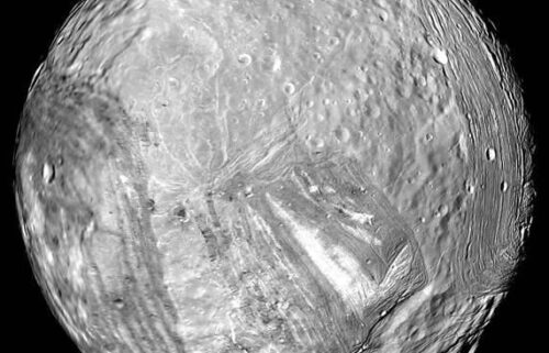 Uranus' icy moon Miranda is seen in this image from Voyager 2 on January 24