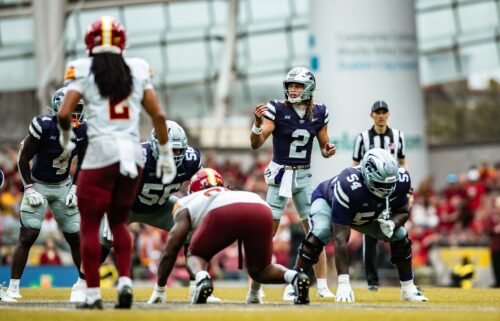 Kansas State Wildcats quarterback Avery Johnson looks on during the 2025 Aer Lingus Classic against Iowa State at Aviva Stadium in Dublin