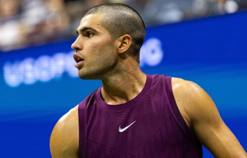 Carlos Alcaraz shows off his new trim during his first-round match at the US Open.