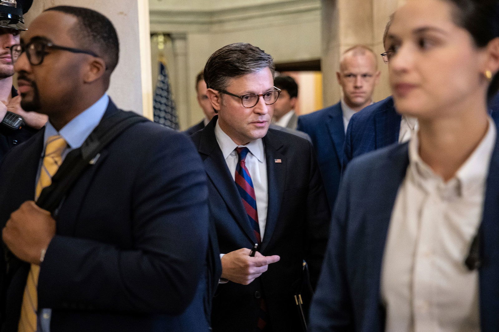 <i>Francis Chung/Politico/AP via CNN Newsource</i><br/>House Speaker Mike Johnson emerges from his office at the US Capitol on Thursday