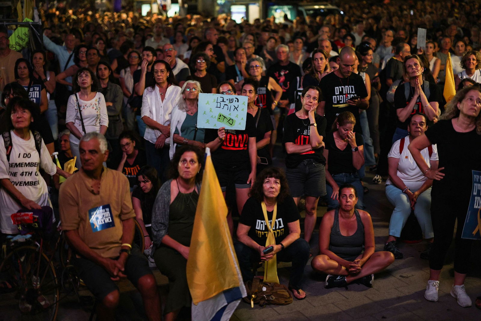 <i>Hannah McKay/Reuters via CNN Newsource</i><br/>Hostage families and supporters gather in Tel Aviv's Hostages Square on Saturday to demand the immediate release of the bodies of the deceased hostages.