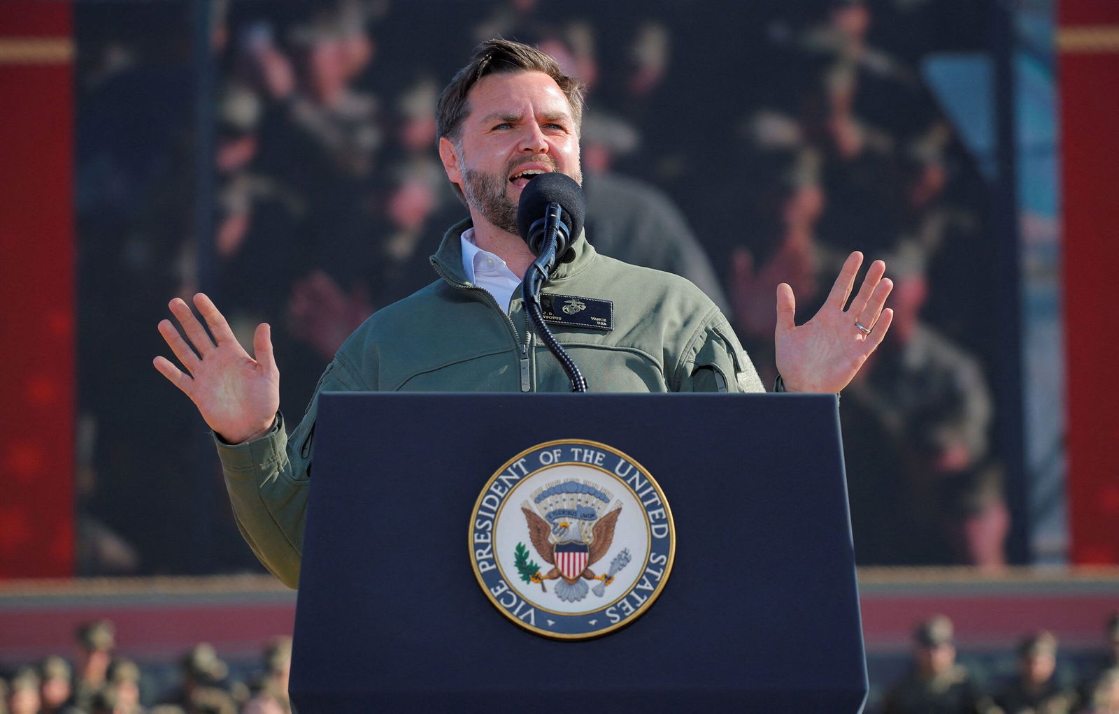 <i>Mike Blake/Reuters via CNN Newsource</i><br/>Marines listen to Vice President JD Vance speak at the 250th anniversary celebration of the United States Marine Corps at Camp Pendleton