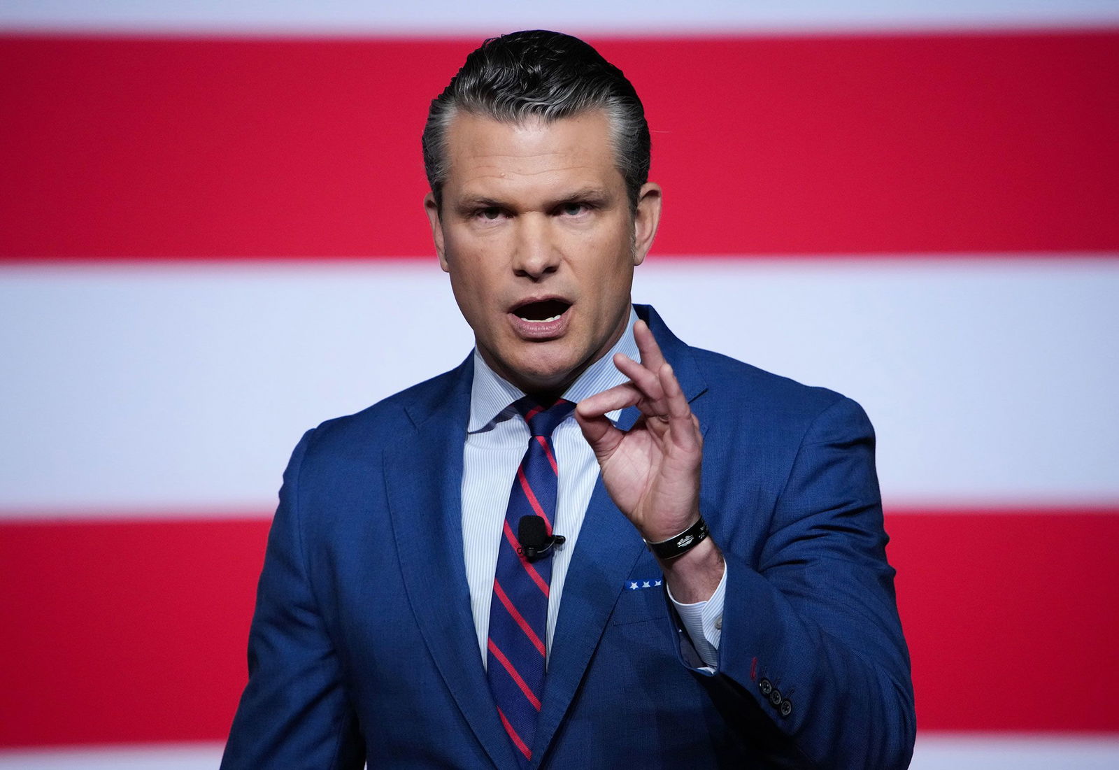 <i>Andrew Harnik/Getty Images/File via CNN Newsource</i><br/>Secretary of Defense Pete Hegseth speaks to senior military leaders at Marine Corps Base Quantico on September 30.