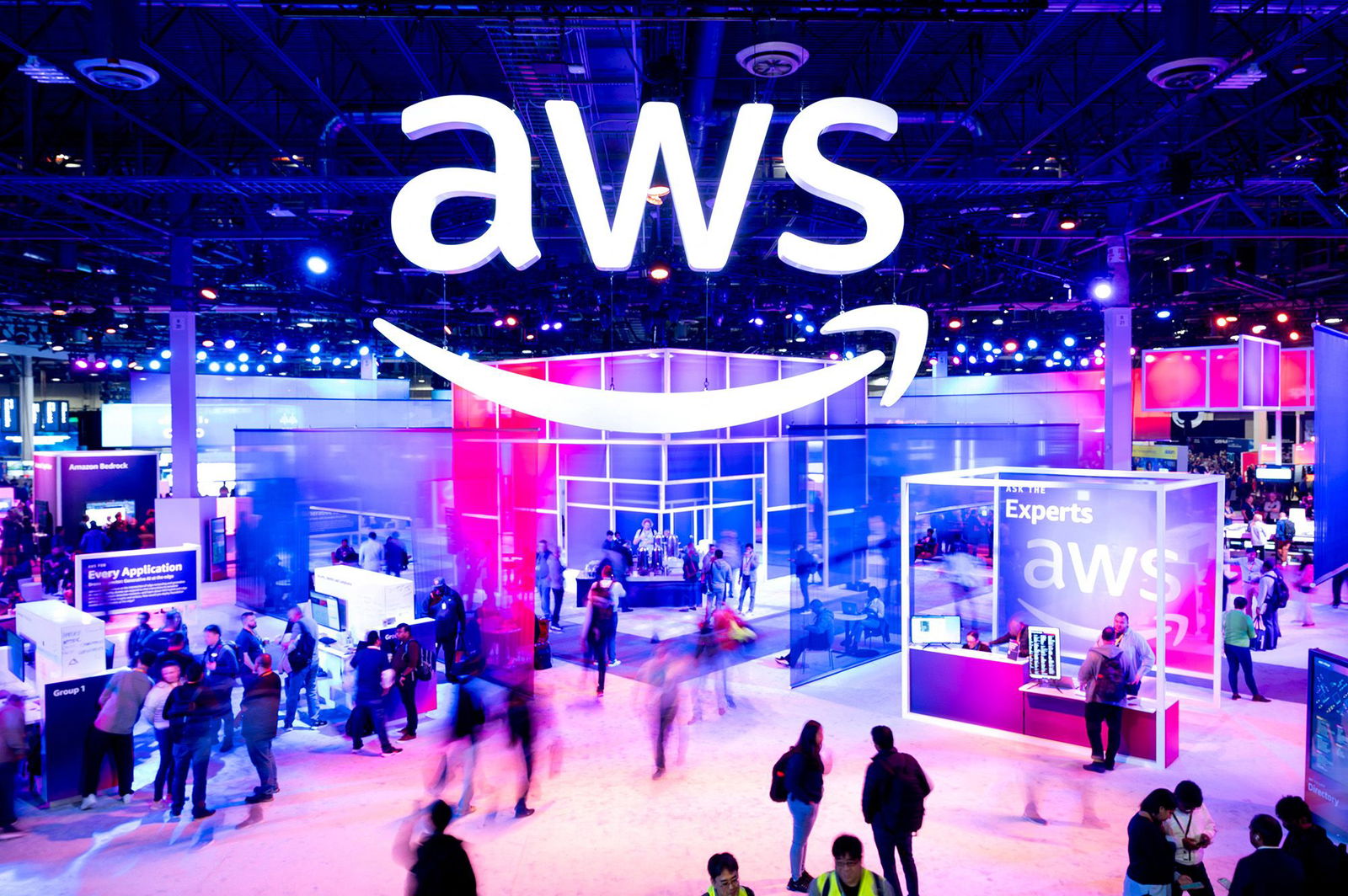 <i>Noah Berger/AWS/Reuters via CNN Newsource</i><br/>Amazon Web Services logo is displayed at a conference. The service went down for several hours Monday.