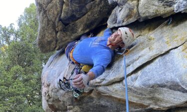 Balin Miller climbs the "Croc’s Nose" route in Montana's Hyalite Canyon.