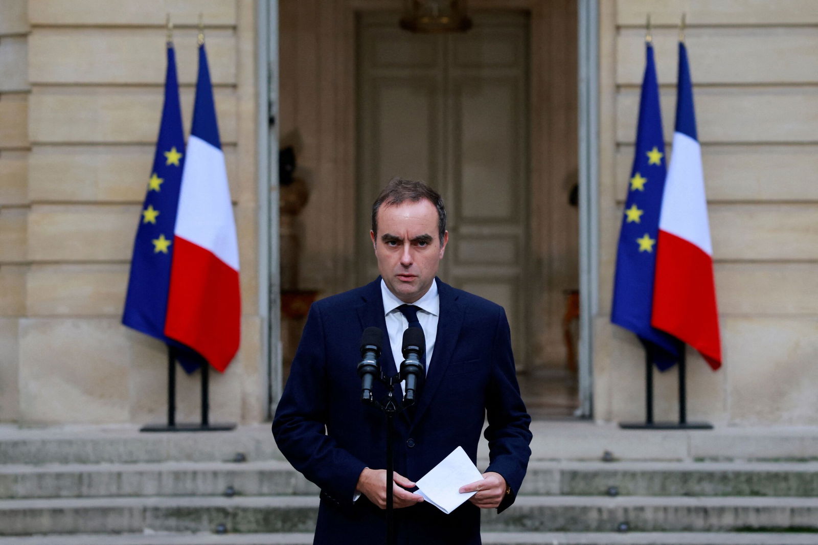 <i>Stephanie Lecocq/Pool/Reuters via CNN Newsource</i><br/>Sebastien Lecornu delivers a statement Wednesday in the courtyard at the Hotel Matignon in Paris after launching a series of talks with political parties' leaders.