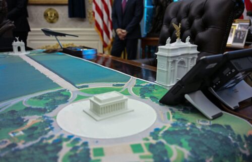 A plan for an arch across from the Lincoln Memorial is seen on the Resolute Desk as US President Donald Trump meets with Finnish President Alexander Stubb and Prime Minister Petteri Orpo in the Oval Office of the White House in Washington