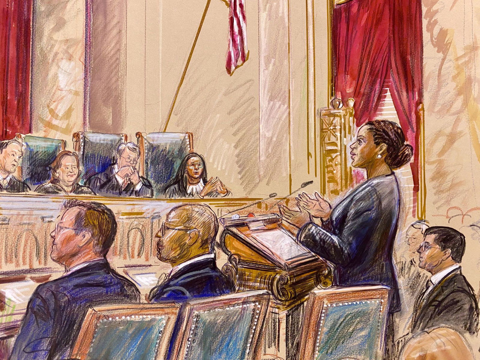 <i>Dana Verkouteren via CNN Newsource</i><br/>This sketch shows the inside of the US Supreme Court in Washington