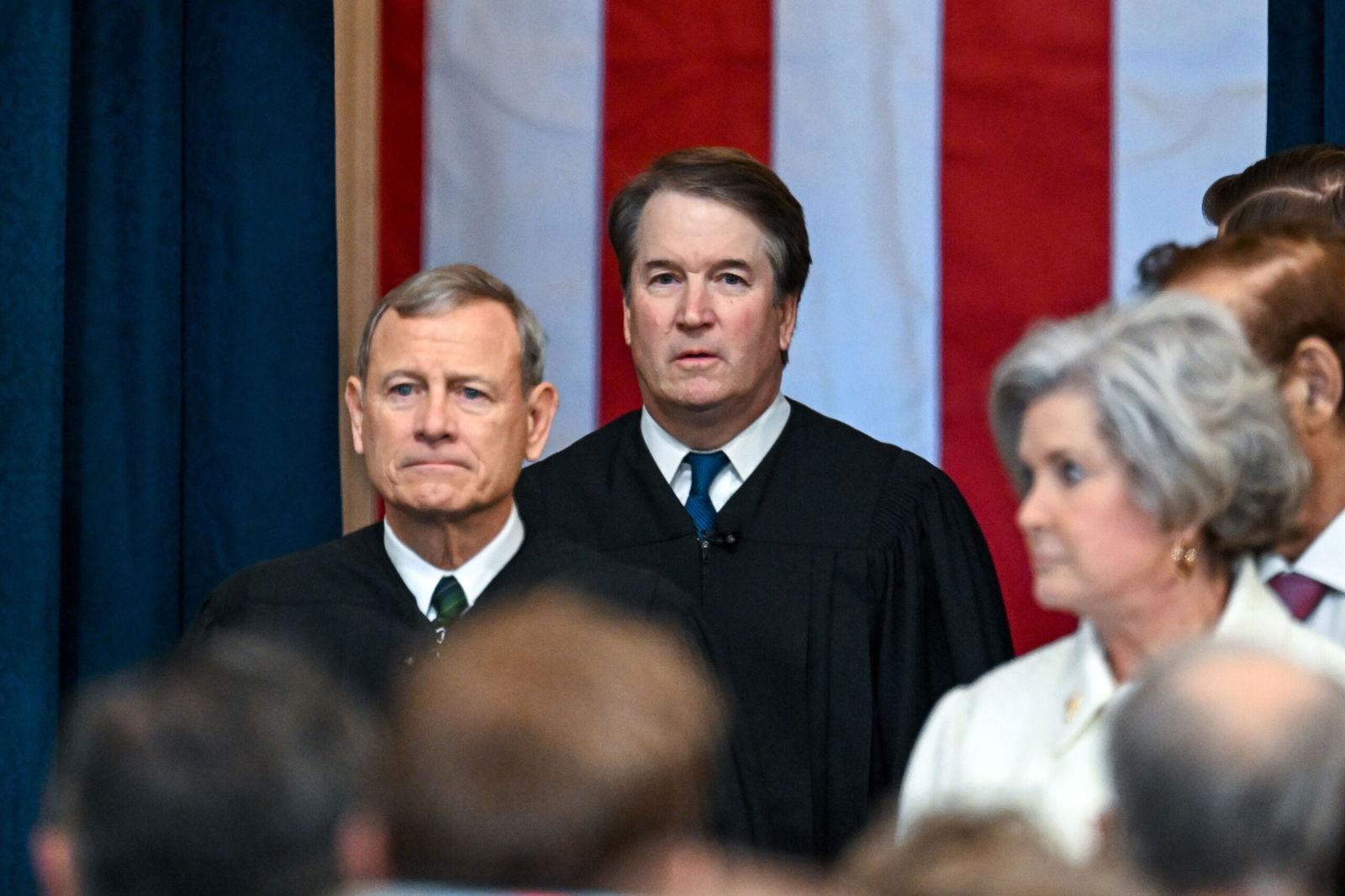 Chief Justice John Roberts and Justice Brett Kavanaugh arrive for the inauguration of U.S. President-elect Donald Trump in the U.S. Capitol Rotunda on January 20