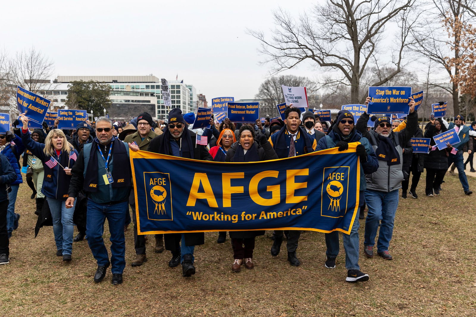 <i>Nathan Posner/Anadolu/Getty Images via CNN Newsource</i><br/>Members of the American Federation of Government Employees union protest against firings during a rally to defend federal workers in Washington