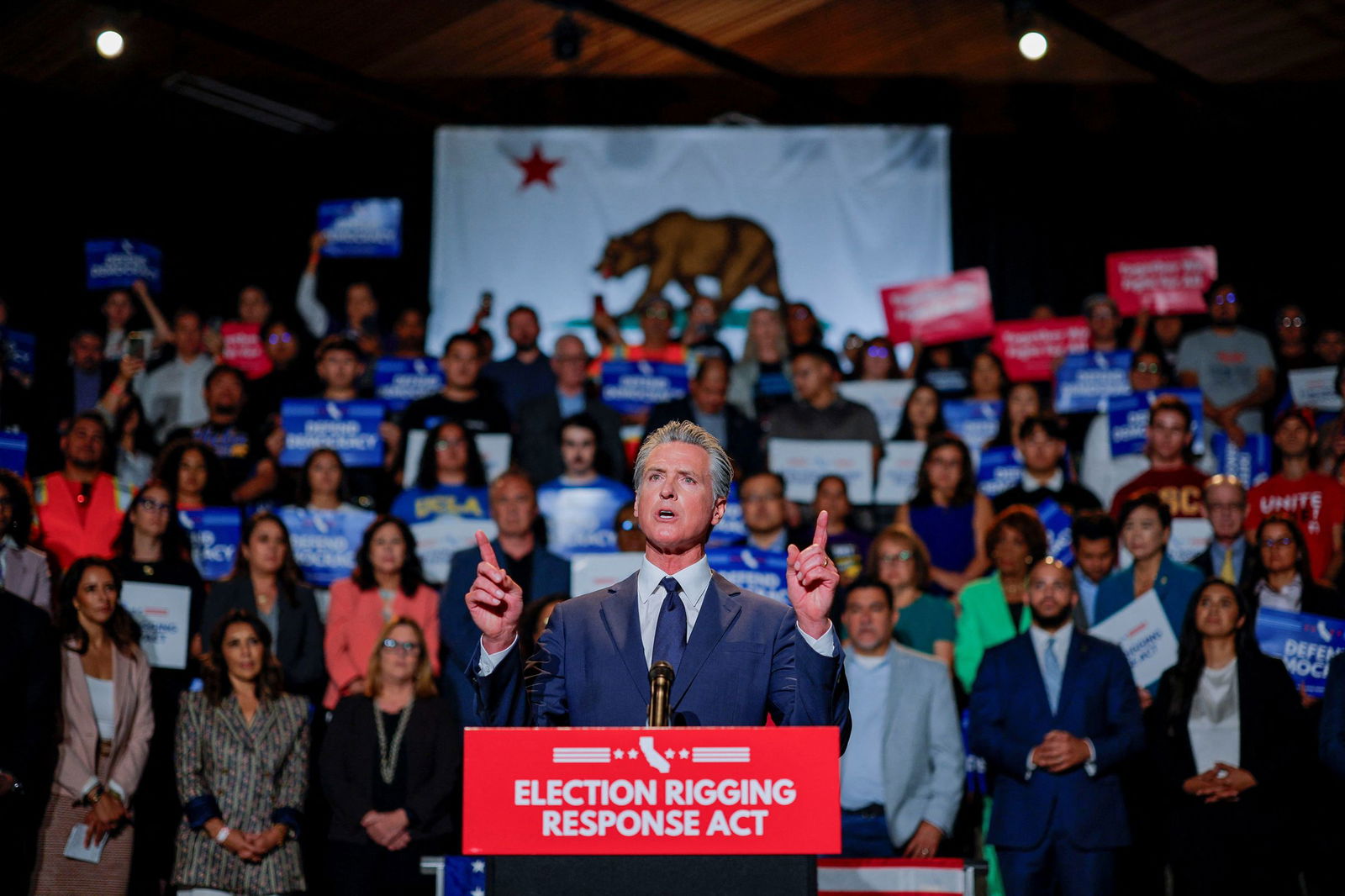 <i>Mike Blake/Reuters via CNN Newsource</i><br/>California Governor Gavin Newsom speaks in Los Angeles