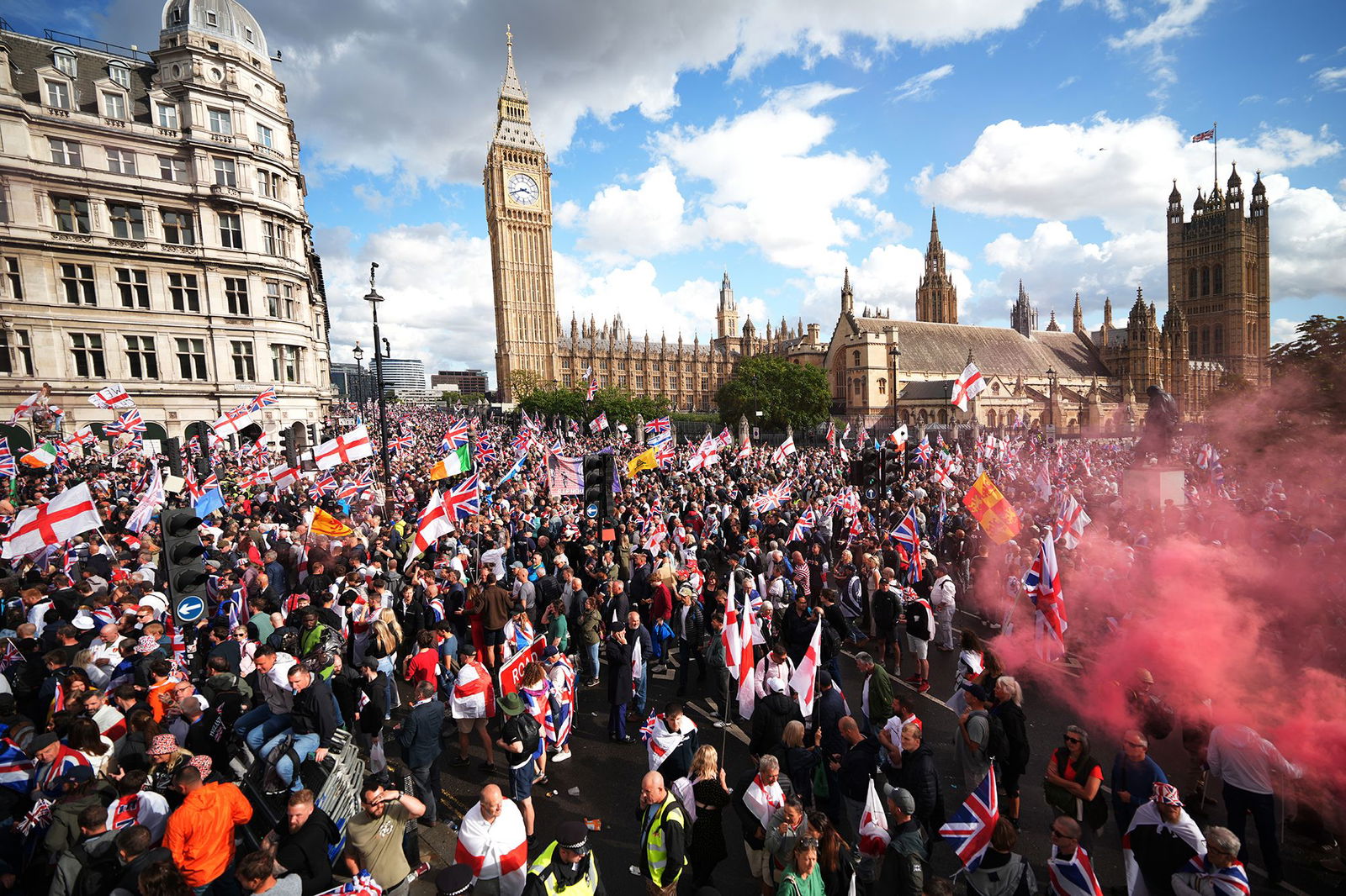 <i>Christopher Furlong/Getty Images via CNN Newsource</i><br/>Anti-immigration protesters wave British and England flags during the