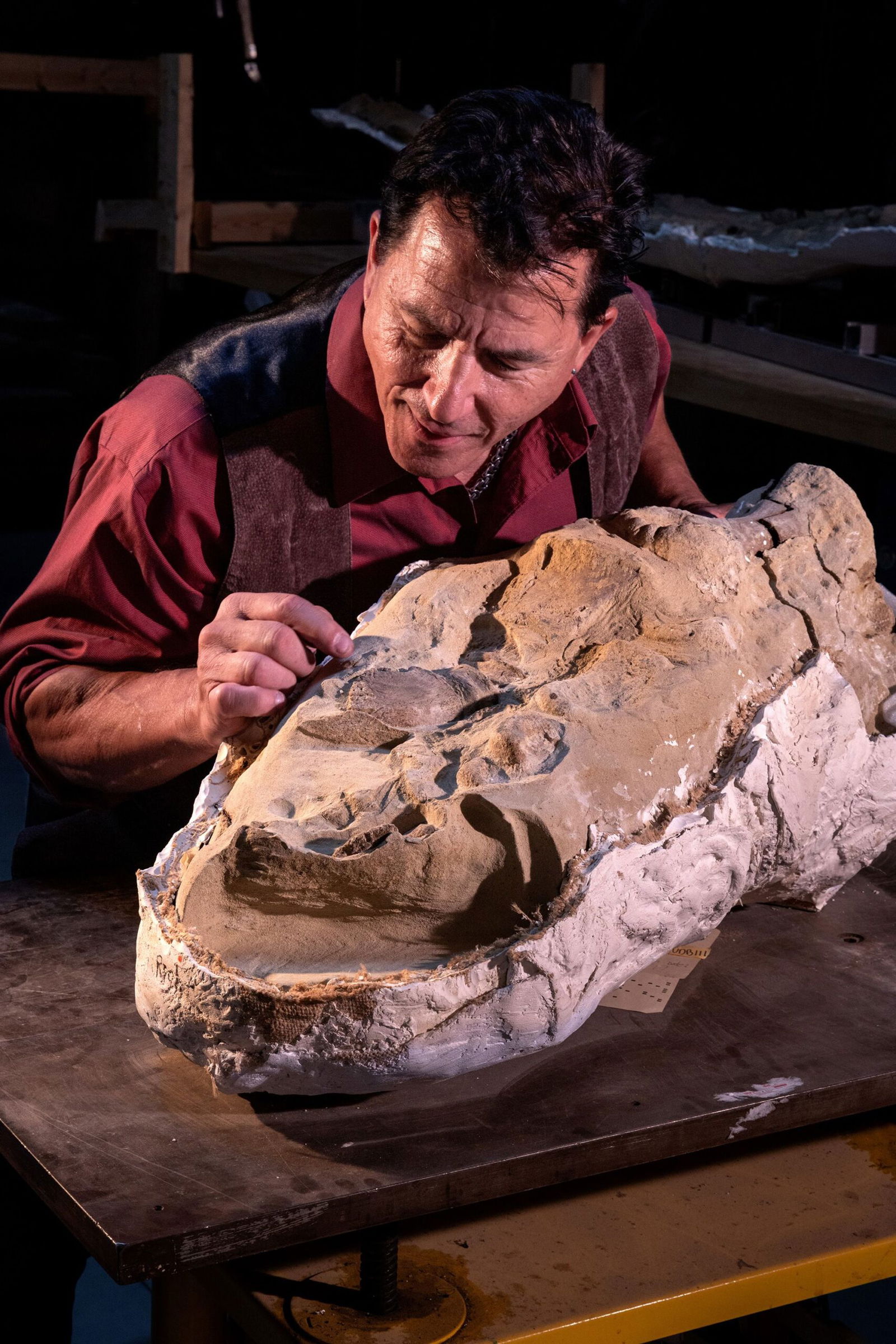 <i>Tyler Keillor/Fossil Lab via CNN Newsource</i><br/>A thin layer of clay over the fossilized skeleton of the juvenile Edmontosaurus preserved large areas of scaly
