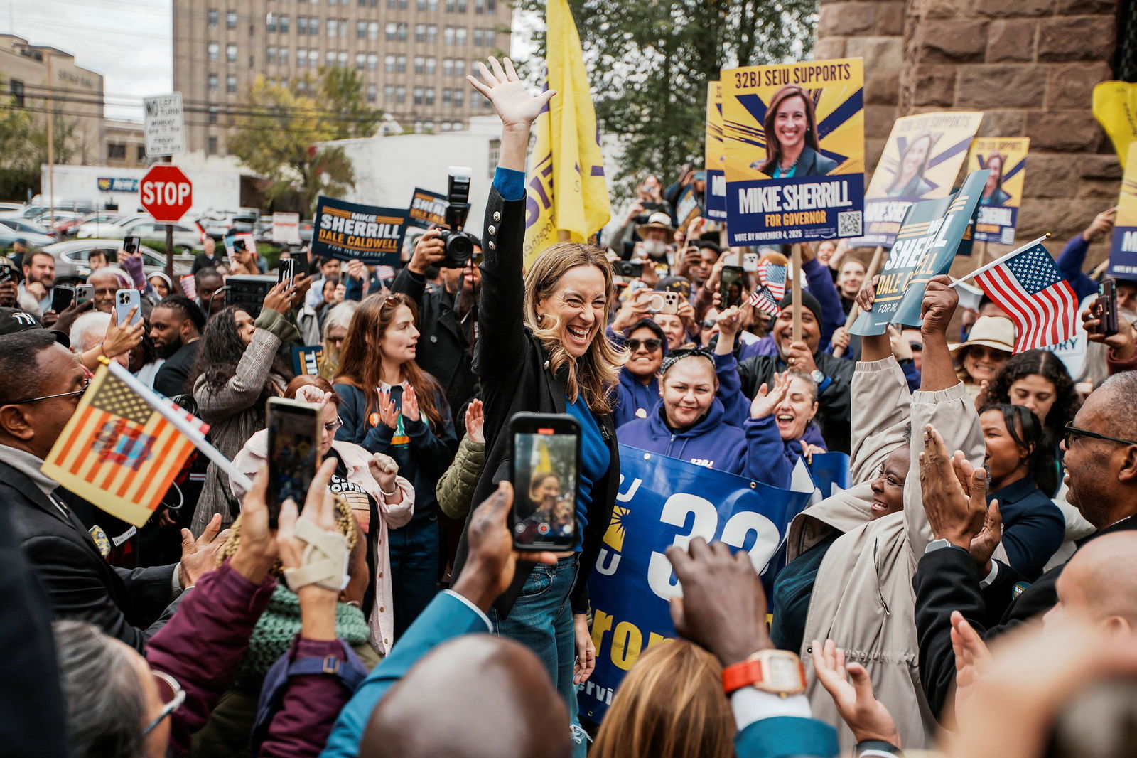<i>Eduardo Munoz/Reuters via CNN Newsource</i><br/>Democratic candidate for New Jersey Governor Mikie Sherrill waves to supporters while campaigning in Bloomfield