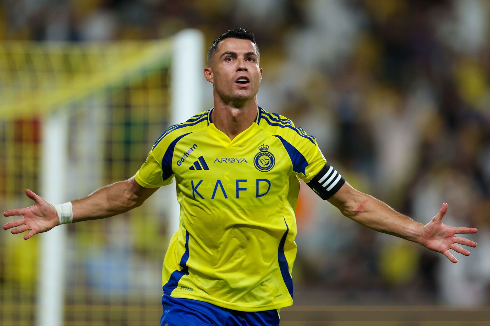 <i>Yasser Bakhsh/Getty Images via CNN Newsource</i><br/>Cristiano Ronaldo of Al Nassr celebrates at Al Awwal Park Stadium on August 22