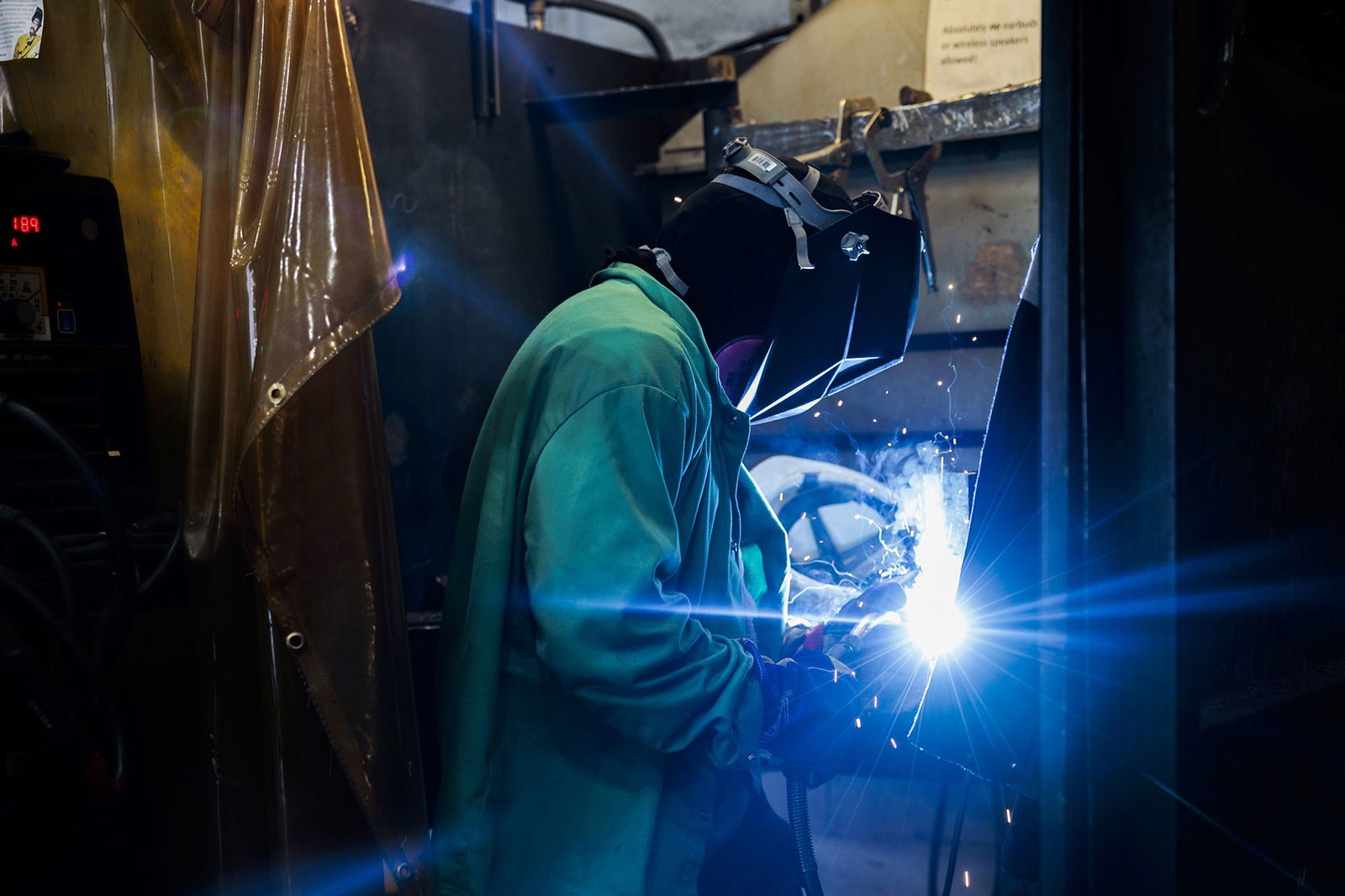 <i>Hannah Beier/Bloomberg/Getty Images via CNN Newsource</i><br/>An apprentice demonstrates welding steel at the Hanwha Philly Shipyard Training Academy in Philadelphia on July 16.