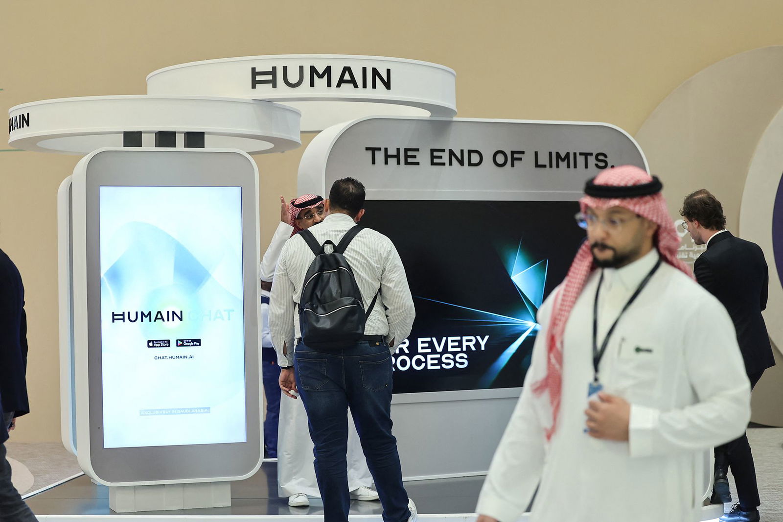 <i>Fayez Nureldine/AFP/Getty Images via CNN Newsource</i><br/>AI company Humain's booth during the Future Investment Initiative conference in Riyadh