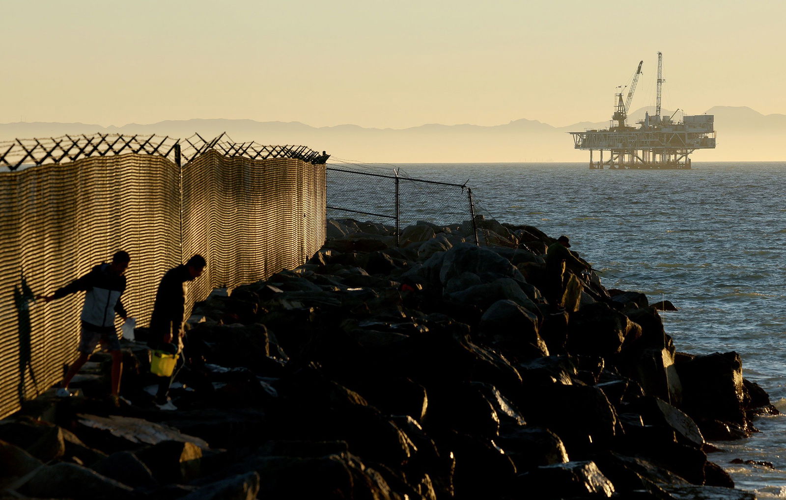 <i>Mario Tama/Getty Images via CNN Newsource</i><br/>Offshore oil and gas platform Esther is seen from Seal Beach