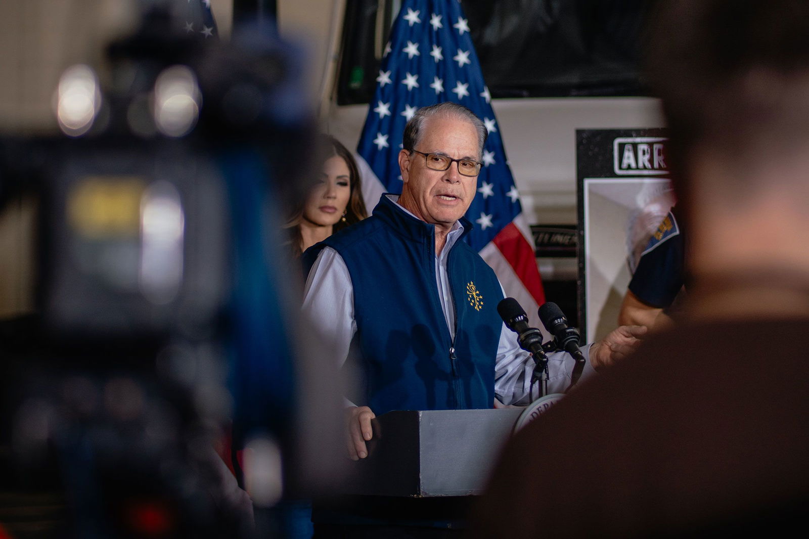 <i>Jamie Kelter Davis/Getty Images/File via CNN Newsource</i><br/>Indiana Gov. Mike Braun speaks during a press conference in Gary