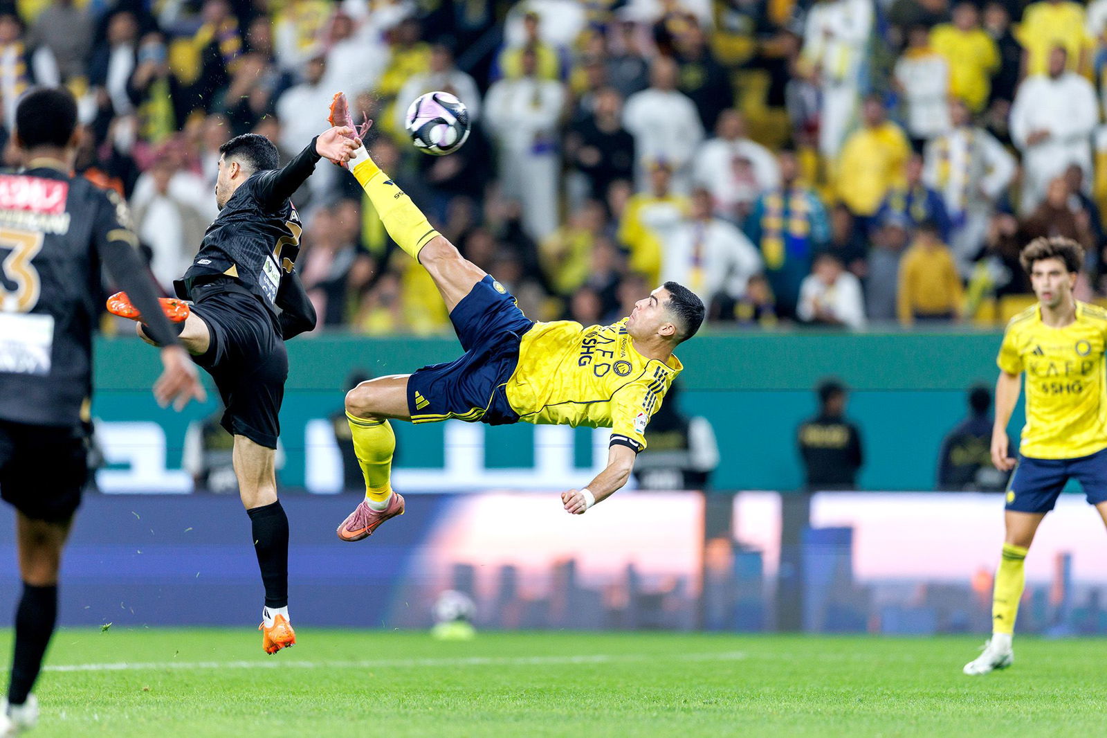 <i>Abdullah Ahmed/Getty Images via CNN Newsource</i><br/>Cristiano Ronaldo scores Al Nassr's fourth goal of the night on an incredible bicycle kick.