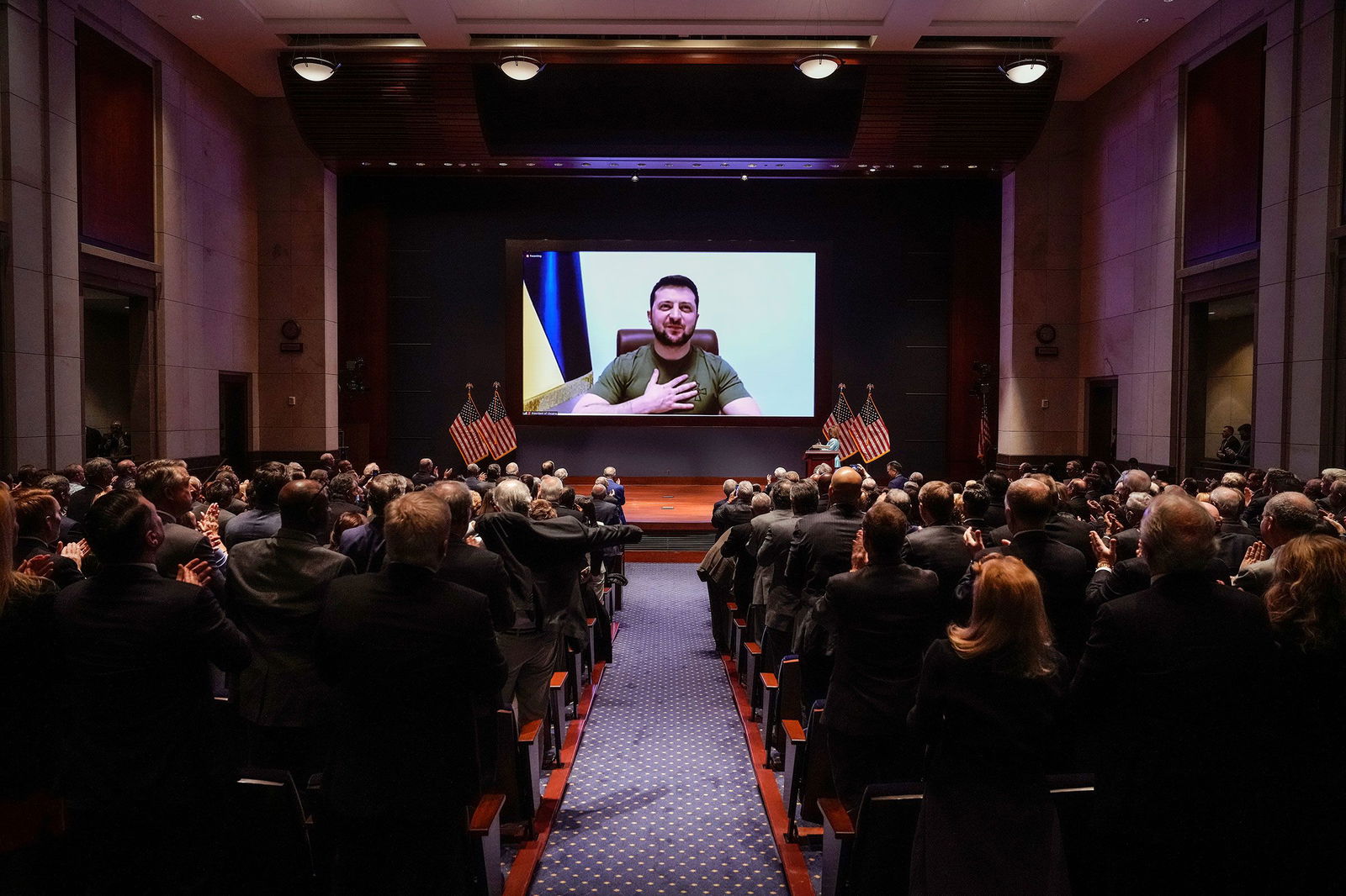 <i>Drew Angerer/Getty Images/File via CNN Newsource</i><br/>Ukrainian President Volodymyr Zelensky delivers a virtual address to the USCongress