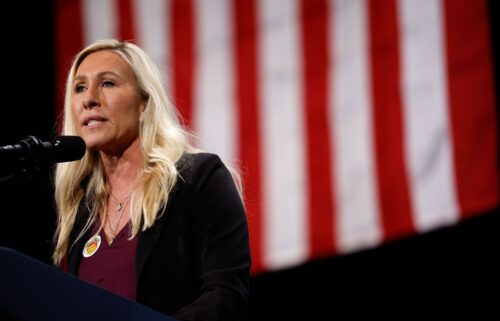 U.S. Rep. Marjorie Taylor Greene (R-GA) speaks before President Donald Trump at a campaign rally at the Cobb Energy Performing Arts Centre in October 2024 in Atlanta