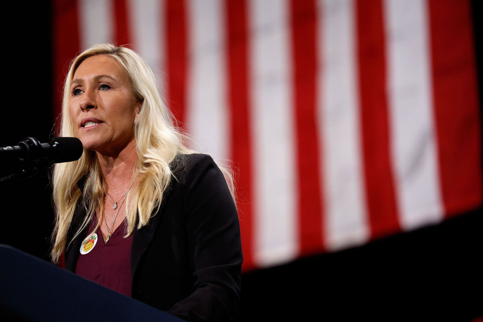 <i>Kevin Dietsch/Getty Images via CNN Newsource</i><br/>U.S. Rep. Marjorie Taylor Greene (R-GA) speaks before President Donald Trump at a campaign rally at the Cobb Energy Performing Arts Centre in October 2024 in Atlanta