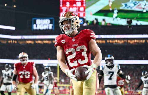 Niners running back Christian McCaffrey scores a touchdown in the third quarter against the Carolina Panthers at Levi's Stadium on Monday.