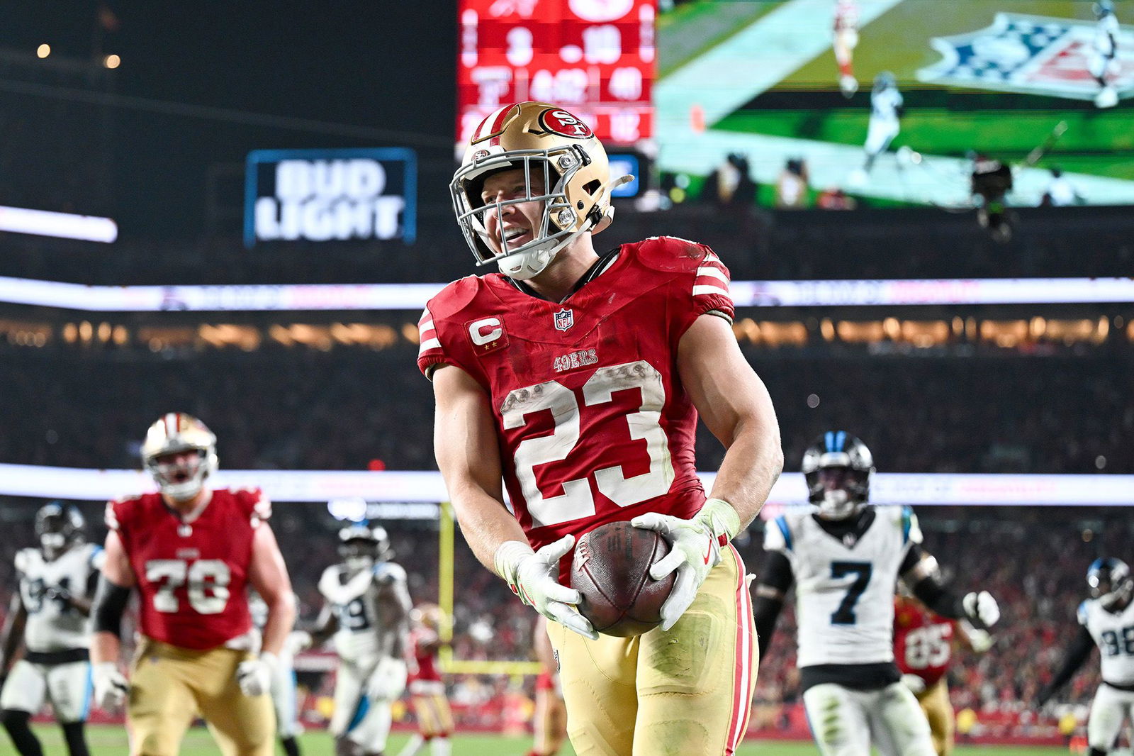 <i>Thien-An Truong/Getty Images via CNN Newsource</i><br/>Niners running back Christian McCaffrey scores a touchdown in the third quarter against the Carolina Panthers at Levi's Stadium on Monday.