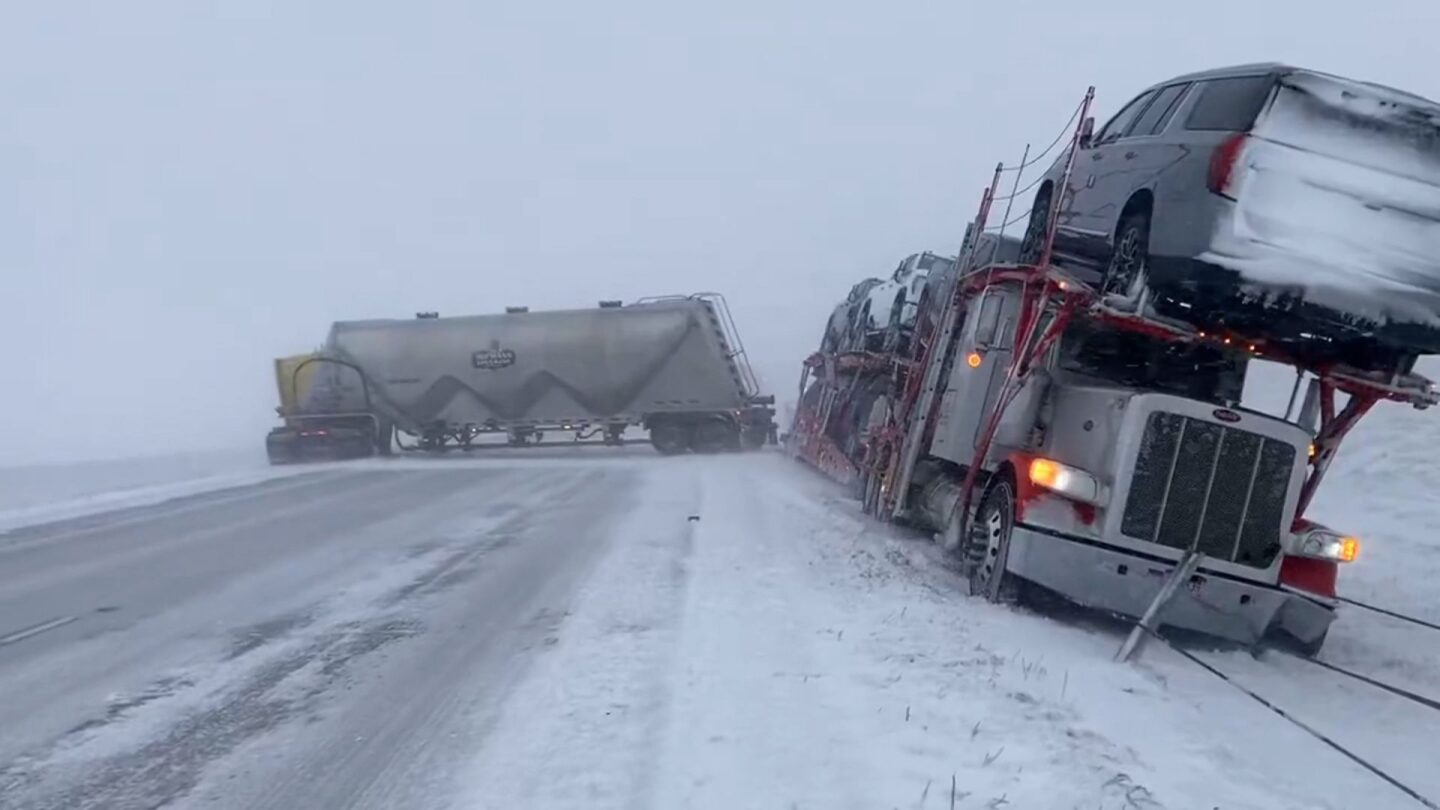 <i>Minnesota State Patrol via CNN Newsource</i><br/>Several semi-trucks spun out on I-94 in Clay County