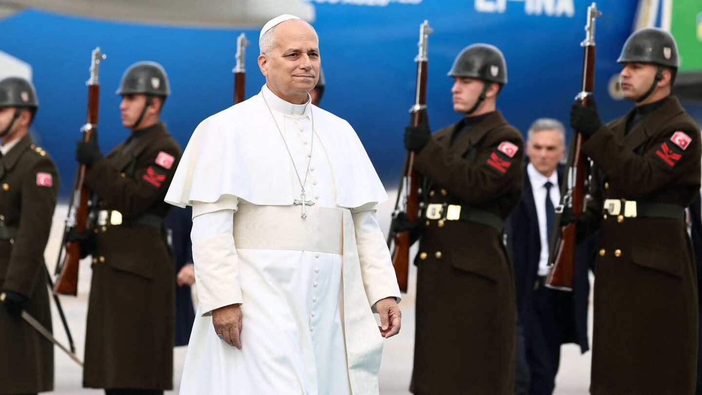 <i>Yara Nardi/Reuters via CNN Newsource</i><br/>Pope Leo XIV attends a welcoming ceremony after landing in Ankara for his first apostolic visit on November 27