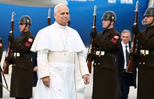 Pope Leo XIV attends a welcoming ceremony after landing in Ankara for his first apostolic visit on November 27